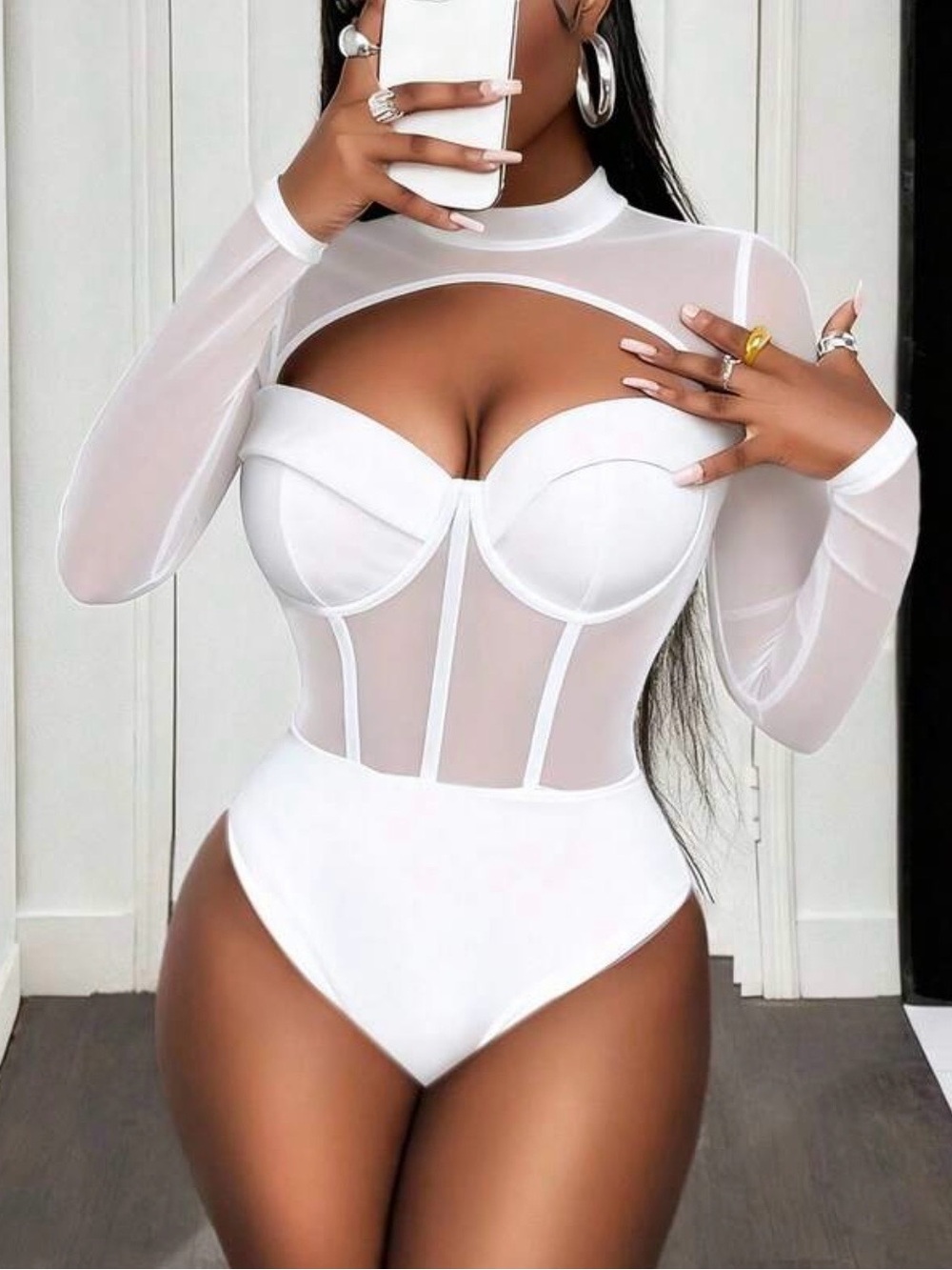 Black Sheer Mesh Long-Sleeve Bodysuit - Picture 5 of 6